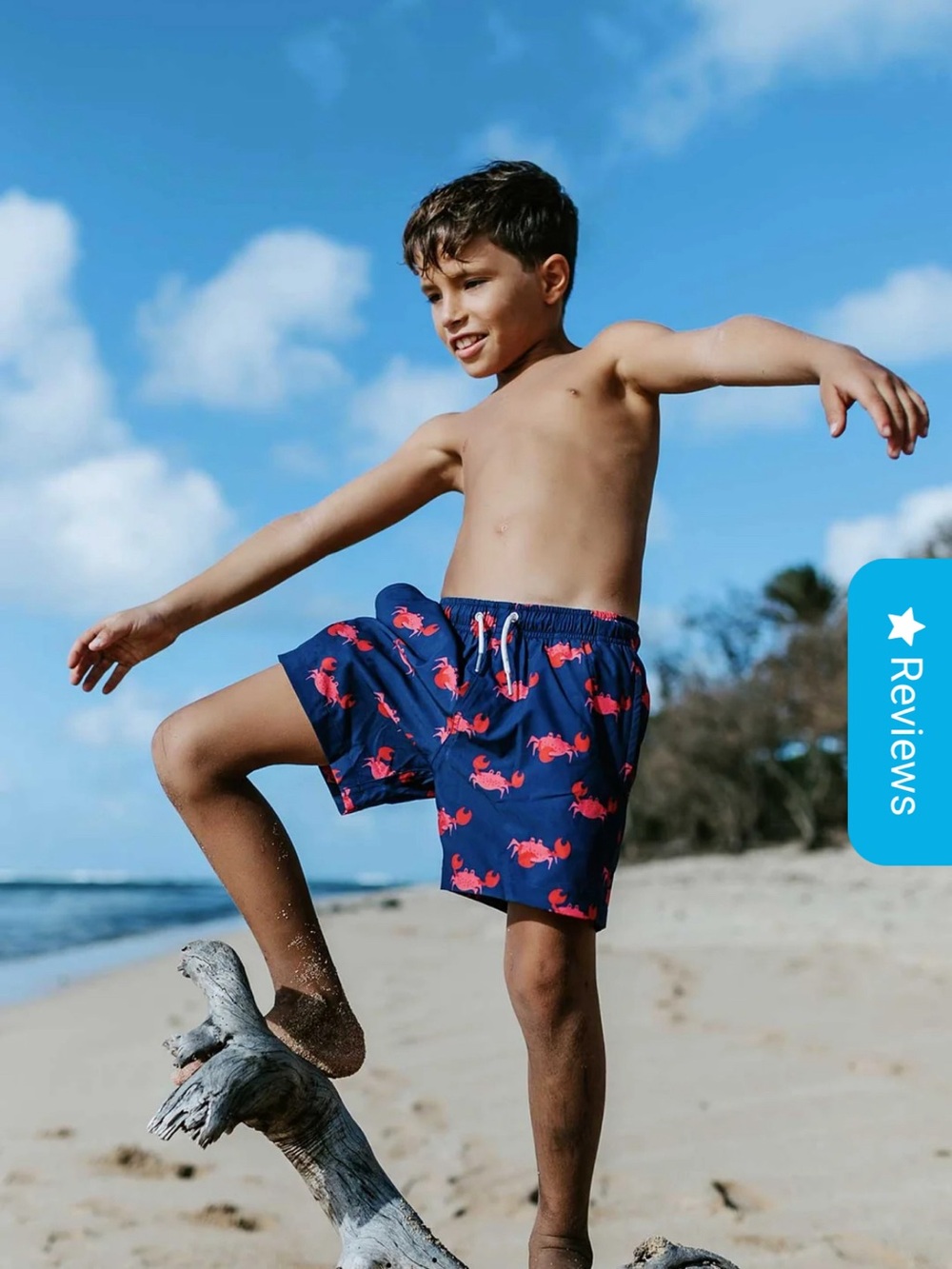Navy Blue Kids Swim Shorts with Red Crab Print